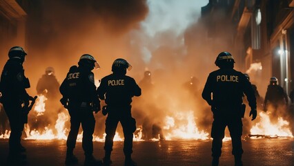 Police force intervening in front of the flames and smoke during the protests.

 - obrazy, fototapety, plakaty