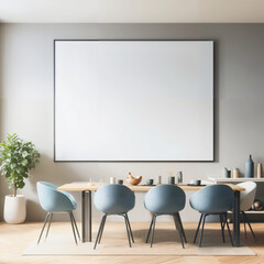 Mock up poster frame in modern interior, home decor, interior design, interior space, dining room, Minimalist style, Blue
