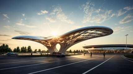 An airport with a sustainable pavilion featuring a sweeping solar arc, showcasing modern aesthetics and sustainable energy.