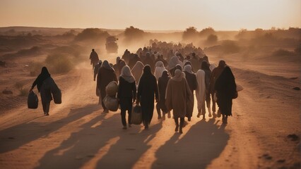 refugees moving with their belongings on a dusty dirt road at sunset - obrazy, fototapety, plakaty
