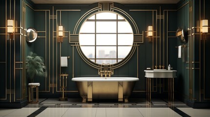 An art deco bathroom with geometric tiles and retro fixtures, highlighting a blank wall above the...