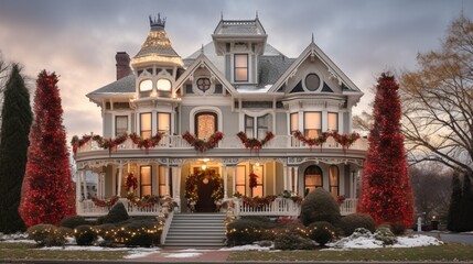 An elegant Victorian mansion adorned with wreaths on every window and a towering Christmas tree in the front yard. Reserve the top-left corner for text.