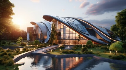An office building with a sweeping solar arc, blending modern aesthetics with sustainable energy...