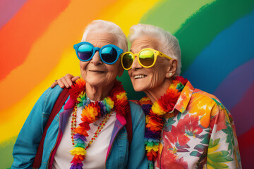 Happy old LGBT female gay couple wearing colourful clothes and sunglasses on a rainbow background