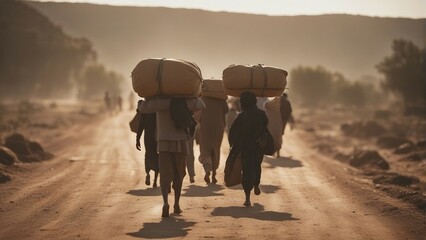 refugees moving with their belongings on a dusty dirt road at sunset - obrazy, fototapety, plakaty
