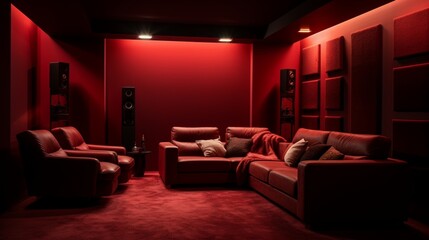 Create a cinematic experience with deep red walls and plush black seating. The colors are dramatic yet cozy, making every movie night feel like a red-carpet event.