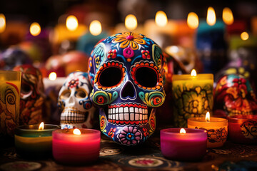 Colorful skulls and flowers over dark background with copy space - obrazy, fototapety, plakaty