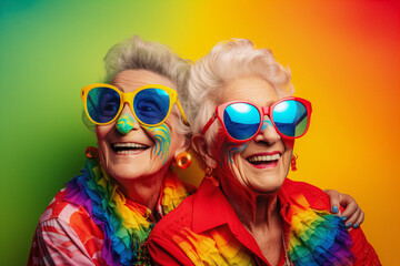 Happy old LGBT female gay couple wearing colourful clothes and sunglasses on a rainbow background - obrazy, fototapety, plakaty