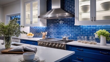 a kitchen with crisp white cabinets and cobalt blue accents on the backsplash or island.