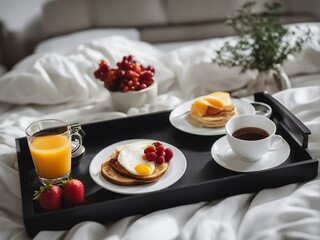 tiny breakfast tray on the bed. orange juice, omelette, coffee, pancakes, blueberries etc.