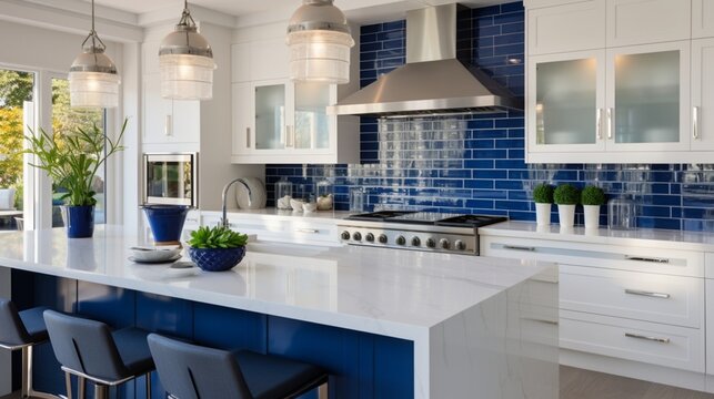 A Kitchen With Crisp White Cabinets And Cobalt Blue Accents On The Backsplash Or Island.