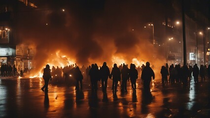 protesters, burning vehicles, flames and smoke in the city center - obrazy, fototapety, plakaty