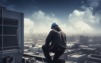 industrial hvac repairman working on the roof of building - obrazy, fototapety, plakaty