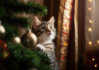 A cute young tabby kitten liting pay to play with and bat at Christmas tree ball decorations