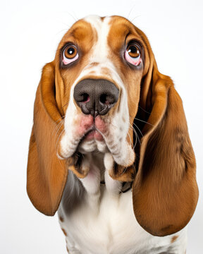 Closeup photo of a Basset Hound pet dog with big ears and eyes looking up with a guilty expression