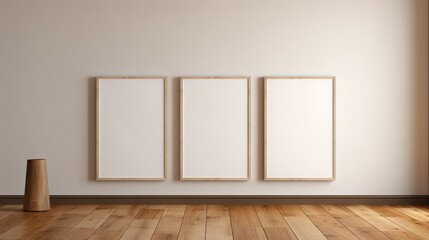 Three Wooden Minimalistic Poster Frames Mockup with Wooden Floor: Poster Mockup, 3D Render