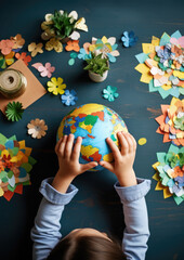 Generative AI, a child makes an applique from colored paper in the shape of the planet Earth, globe, hands, handmade, travel, world, baby, toddler, DIY, kid, crafts, kindergarten, ecology, school