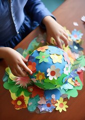 Generative AI, a child makes an applique from colored paper in the shape of the planet Earth, globe, hands, handmade, travel, world, baby, toddler, DIY, kid, crafts, kindergarten, ecology, school