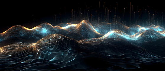 A neon mesh wire illustration of mountains