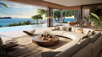 Obraz premium A contemporary beach villa with floor-to-ceiling windows offering uninterrupted views of a private cove.
