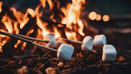 marshmallows toasting on a stick over a campfire - obrazy, fototapety, plakaty