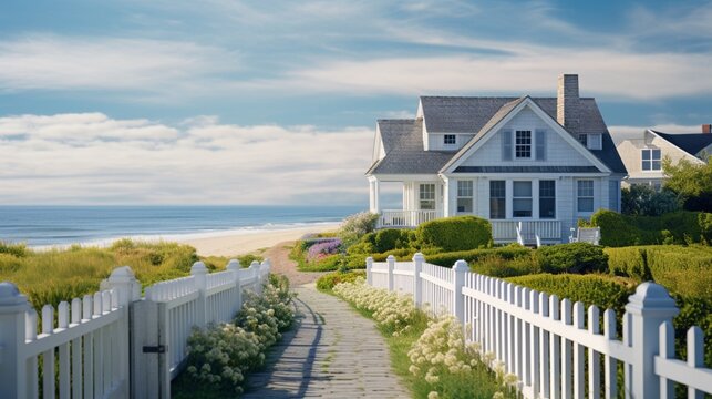 A coastal luxury home with a Cape Cod design, white picket fence, and a path leading to the beach. Keep the bottom-left corner free for text.
