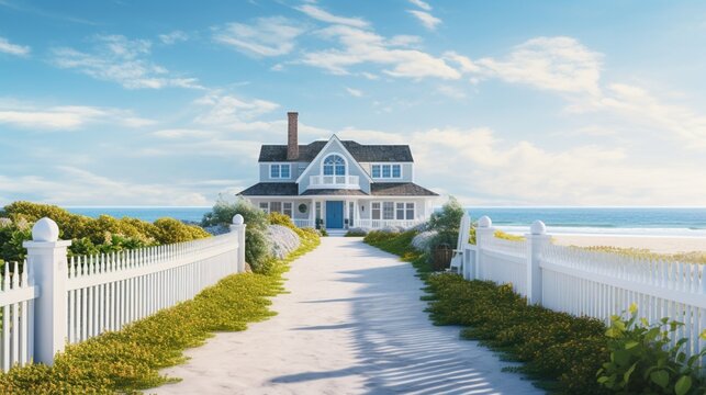 A coastal luxury home with a Cape Cod design, white picket fence, and a path leading to the beach. Keep the bottom-left corner free for text.
