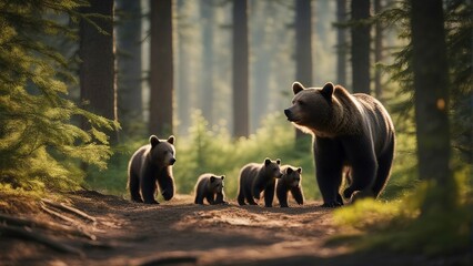 brown bear and bear cubs in the forest at sunset