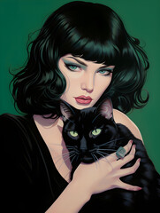 A woman wearing a black dress holding a black cat