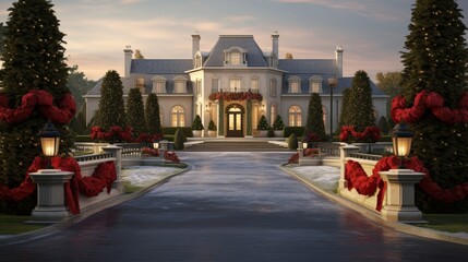 A grand estate with a cobblestone driveway, featuring topiaries wrapped in red and gold ribbons for...