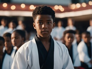  Portrait of a black American  karate child in kimono, blurry background.