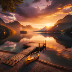 Serene lakeside during golden hour, with calm waters reflecting the surrounding mountains and a solitary wooden dock