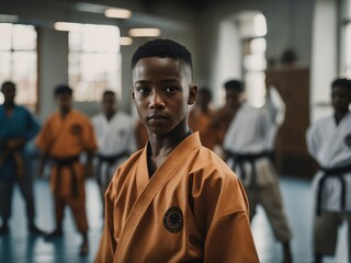 Portrait of a black American karate child in kimono, blurry background.