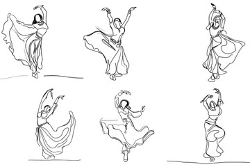 One-Line Drawing of Belly oriental egyptian Dancers: Simple, Minimalist, and Elegant, vector - obrazy, fototapety, plakaty