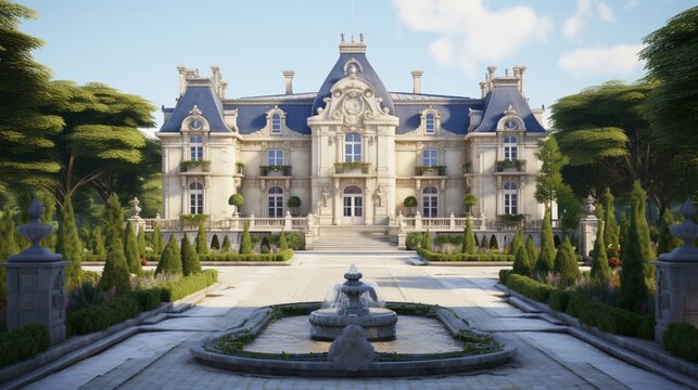 A lavish French chateau with sculpted hedges and a marble fountain in the front yard. Leave the bottom-right area blank for text.