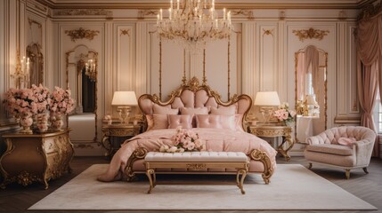 A luxurious bedroom in blush pink and gold, featuring antique furniture, chandeliers, and glamorous accents. - obrazy, fototapety, plakaty