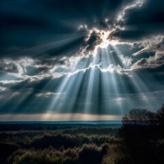 clouds over the sky and strong sun rays down to earth