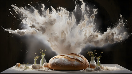 Embark on a culinary odyssey with slices of rustic sourdough bread and a cascade of flour, suspended in a graceful ballet of high-speed photography. Generative AI - obrazy, fototapety, plakaty