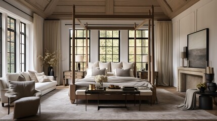 A master bedroom with a four-poster bed and large windows letting in natural light.