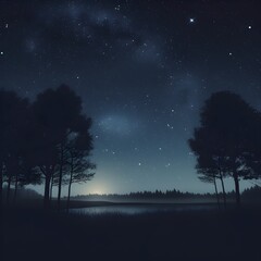 blue night sky with sun down and trees 