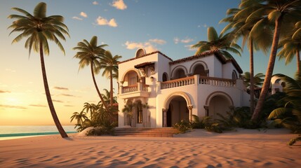 A Mediterranean-inspired beach home with arches and stucco walls, situated beside a palm-lined beach at sunset. - obrazy, fototapety, plakaty