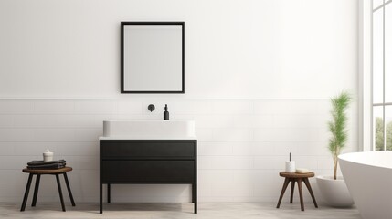 A minimalist bathroom with white subway tiles and a sleek vanity, providing a blank wall beside the mirror for a wall art mockup. Leave the top-right corner open for branding.