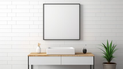 Fototapeta na wymiar A minimalist bathroom with white subway tiles and a sleek vanity, providing a blank wall beside the mirror for a wall art mockup. Leave the top-right corner open for branding.