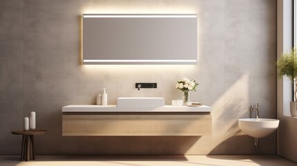 A modern bathroom with a floating vanity and LED backlights, showcasing a blank wall opposite the vanity for your mockup needs. Leave the bottom open for a logo or slogan.