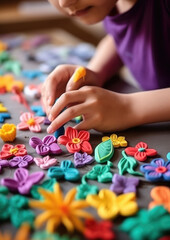 Generative AI, small child sculpts flowers from plasticine, hands, fingers, hobby, early development, kindergarten, modeling, kid, baby, do it yourself, crafts, fine motor skills, toddler, clay