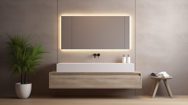A modern bathroom with a floating vanity and LED backlights, showcasing a blank wall opposite the vanity for your mockup needs. Leave the bottom open for a logo or slogan.