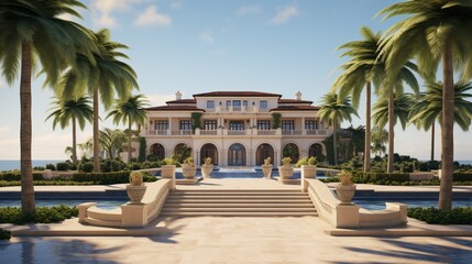 A palatial beach estate with fountains, Roman pillars, and a long cobblestone driveway, framed by palm trees and overlooking the ocean. Leave the top-right corner open for branding.