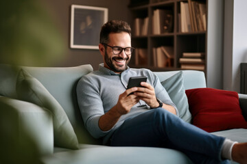  young man smiling sitting on couch and using his phone in livingroom - obrazy, fototapety, plakaty