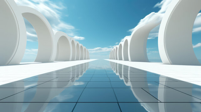 Perfectly symmetrical white minimalist architectural arches stretching to the endless horizon under clear, sunny skies
