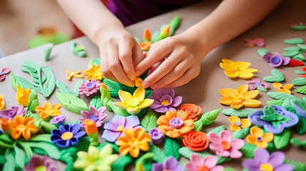 Generative AI, small child sculpts flowers from plasticine, hands, fingers, hobby, early development, kindergarten, modeling, kid, baby, do it yourself, crafts, fine motor skills, toddler, clay - obrazy, fototapety, plakaty